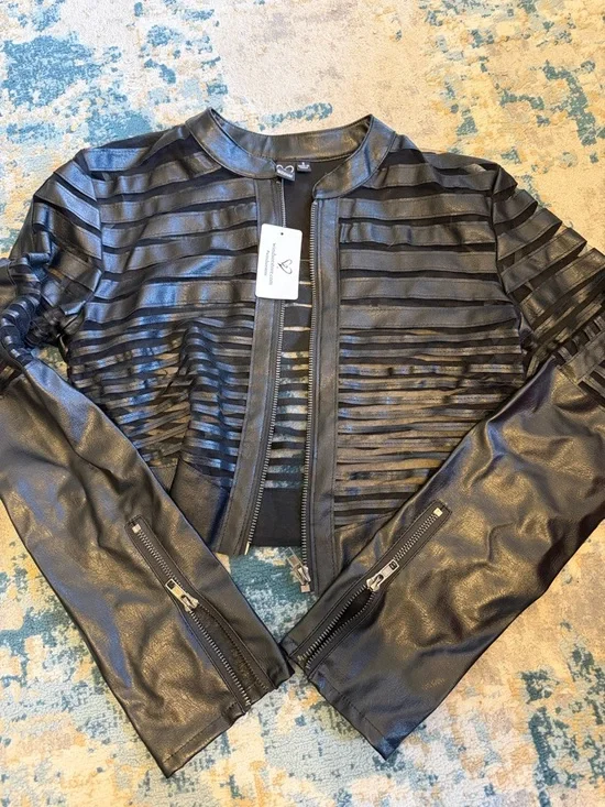 Windsor Black Striped Faux Leather Zip Crop Jacket - Picture 1 of 4
